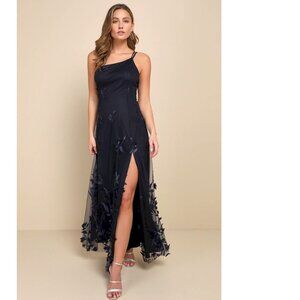 Lulus Regal Poise Navy Blue 3D Floral Applique One-Shoulder Maxi Dress XS NWT